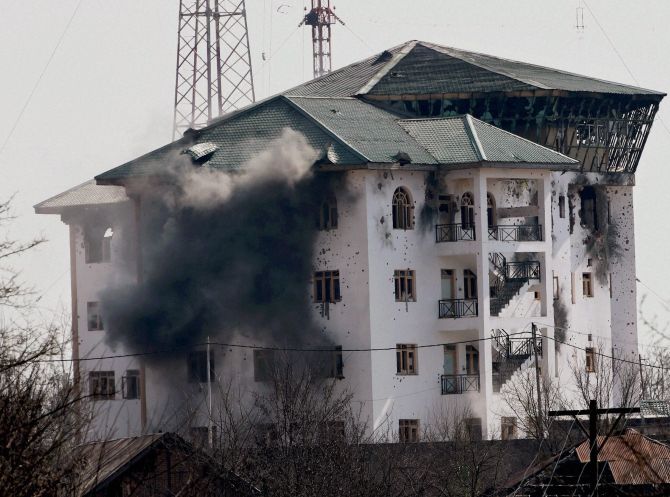 Smoke billows out of the Jammu and Kashmir Entrepreneurship Development Institute building in Pampore, Kashmir, during a firefight between terrorists and the security forces in February 2016. Photograph: S Irfan/PTI