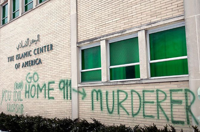 Anti-Muslim graffiti is seen on the wall of the Islamic Center of America in Detroit, Michigan January 23, 2007