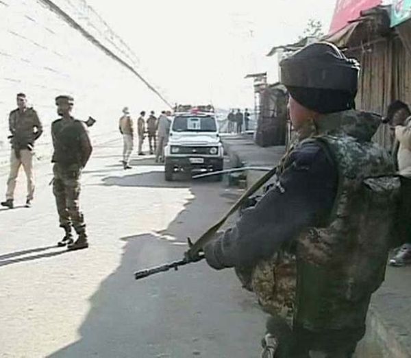 Security personnel outside the Indian Air Force's Pathankot air station.