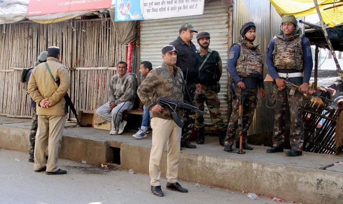 Security personnel outside the Indian Air Force's Pathankot air station.