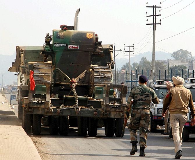 Army trucks arrive at the Pathankot air force base, January 3. Photograph: PTI Photo