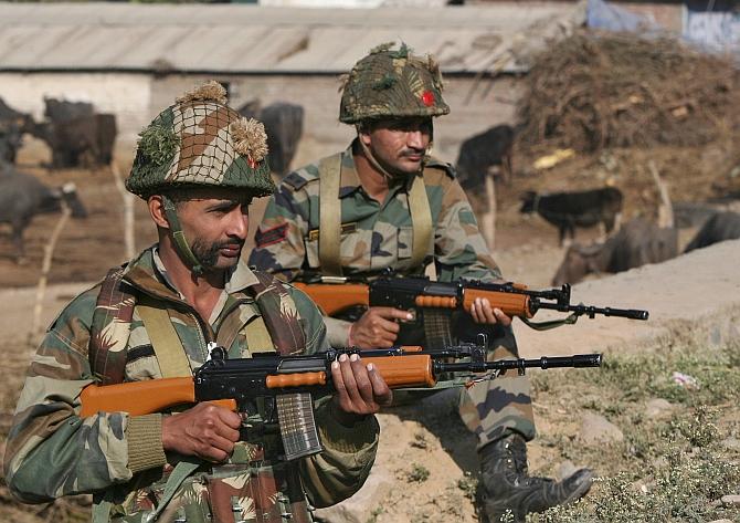 Soldiers inside the Pathankot air base. Photograph: Reuters