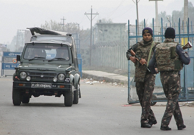 Security personnel outside the Indian Air Force's Pathankot air station.