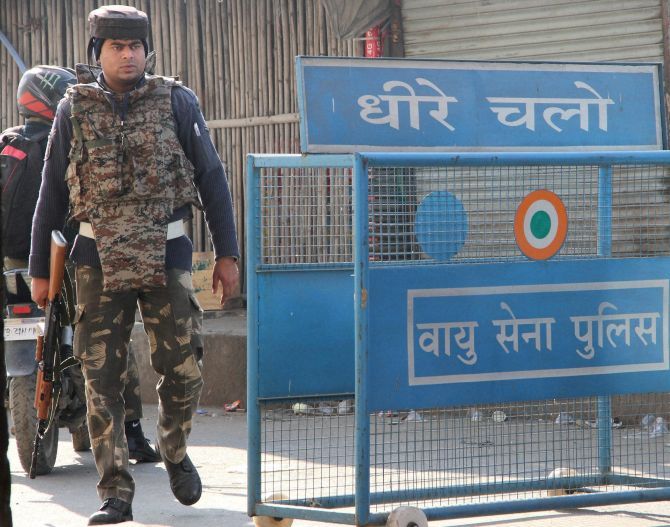 Security personnel outside the Indian Air Force's Pathankot air station.