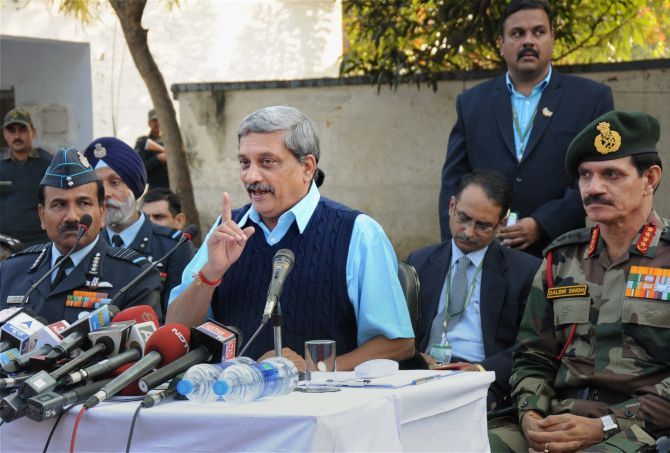 Then defence minister Manohar Parrikar at the Indian Air Force base in Pathankot after the terrorist attack. Photograph: PTI Photo