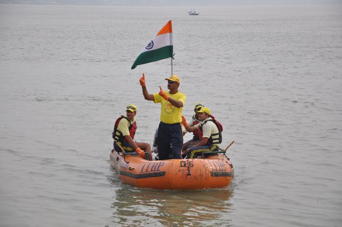 Team leader Surinder Khatri on one of the rafts during the expedition