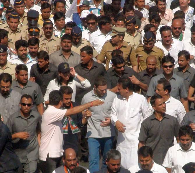 Congress vice president Rahul Gandhi is surrounded by three rings of security starting with part leaders, teh SPG commandos and Mumbai police