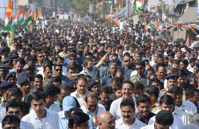 Congress vice president Rahul Gandhi on his way through the Fishermen's Colony in Mahim