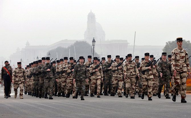 French soldiers rehearse for India's Republic Day parade, January 20, 2016. Photograph: Anindito Mukherjee/Reuters