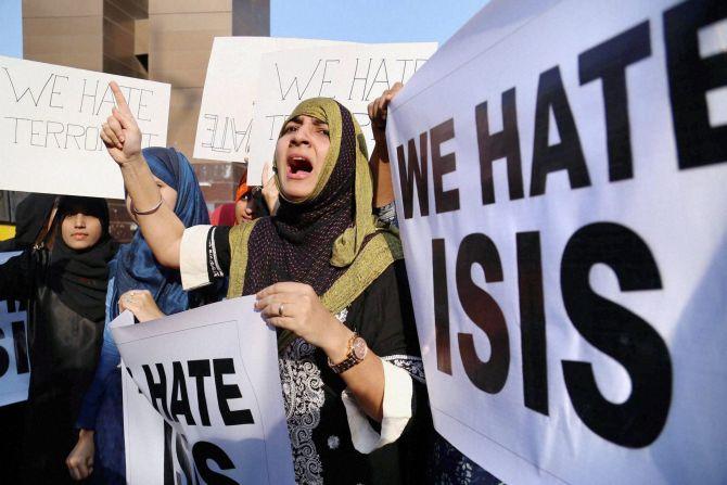 Muslim women stage a protest against ISIS in Mumbra, outside Mumbai, January 25, 2016. Photograph: PTI Photo