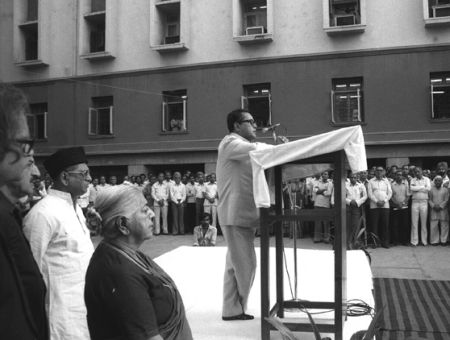 Pranab Mukherjee speaks at a condolence meet for Rajiv Gandhi. Photograph: Photo Division