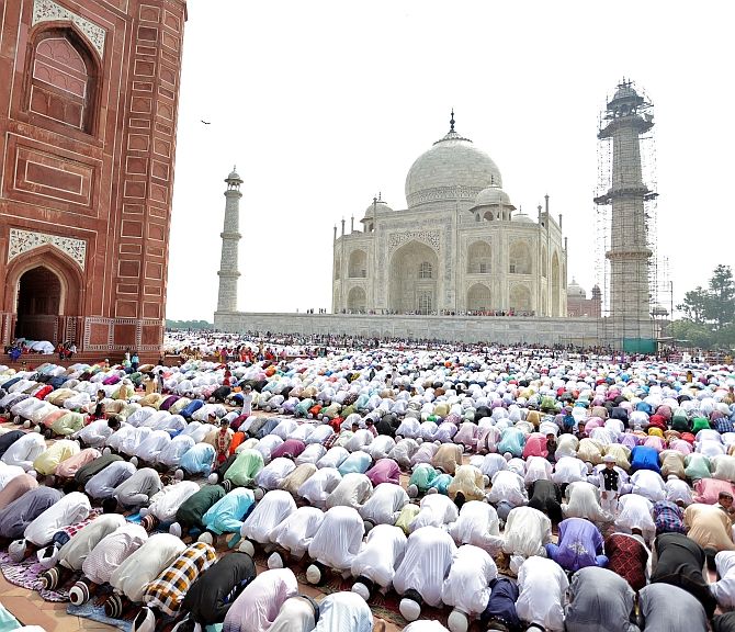Muslims attend Eid al-Fitr prayers at the Taj Mahal mosque in Agra. Photograph: Pawan Kumar/Reuters