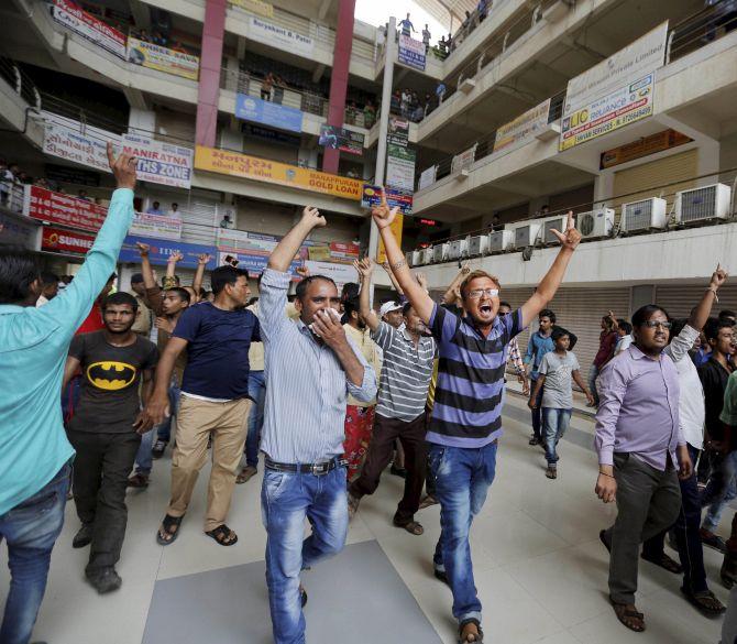 Dalits enforce the closure of markets during a protest in Ahmedabad July 20 against the assault by cow protectors in Rajkot. Photograph: PTI