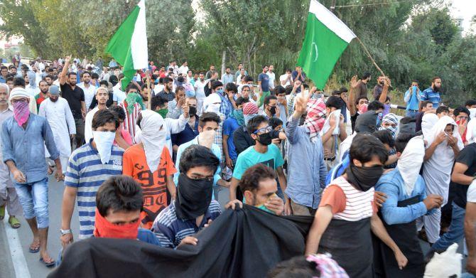 A protest rally against the killing of Burhan Wani in Srinagar, July 23, 2016, the day Home Minister Rajnath Singh visited Kashmir. Photograph: Umar Ganie/Rediff.com