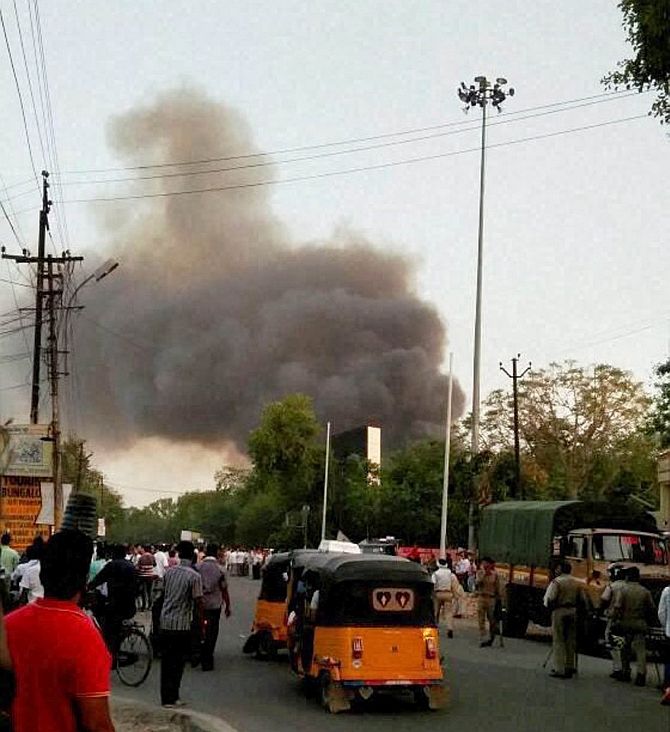 Smoke from the SBVS camp after the battle in Mathura.