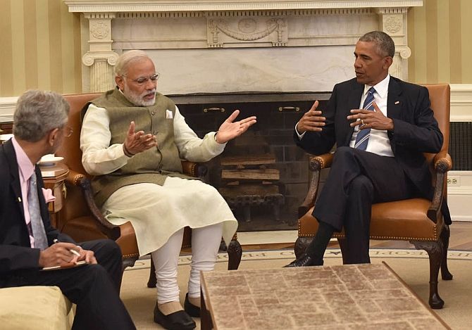 Prime Minister Modi and President Obama make their points as Foreign Secretary Subrahmanyam Jaishankar takes notes, June 7, 2016. Photograph: Press Information Bureau