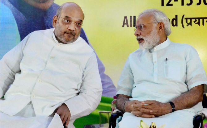 Prime Minister Narendra D Modi and Bharatiya Janata Party President Amit A Shah at the BJP's national executive meeting in Allahabad, June 2016. Photograph: PTI Photo