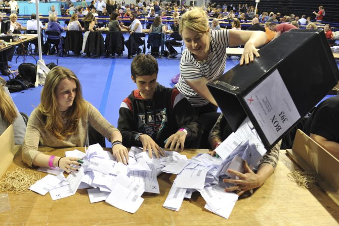 The process of counting votes begins after polling stations closed in the referendum on Britain staying in the European Union in Glasgow, Scotland, June 23, 2016. Britain voted to leave the EU. Photograph: Clodagh Kilcoyne/Reuters
