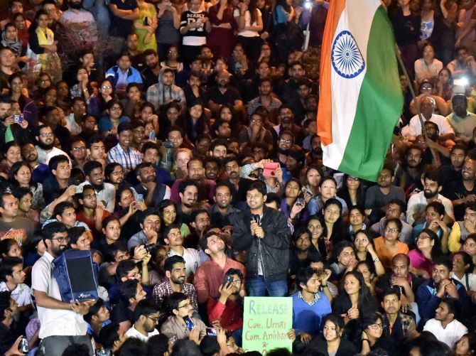 Jawaharlal Nehru University Students Union President Kanhaiya Kumar delivers a memorable speech after he returned to campus on Thursday, March 3, 2016.