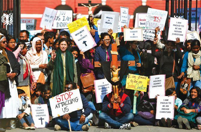 A protest outside a church in New Delhi in February 2015. Christian protesters were demanding better government protection amid concern about rising intolerance after a series of attacks on churches.