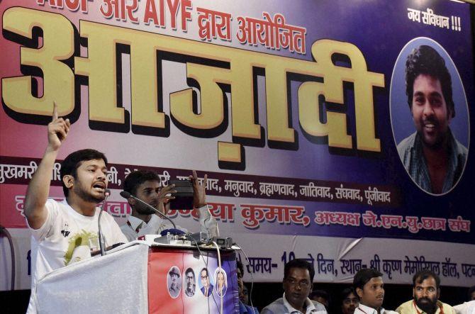 Jawaharlal Nehru University Students Union President Kanhaiya Kumar addresses a meeting in Patna on May 1, 2016, May Day. Photograph: PTI