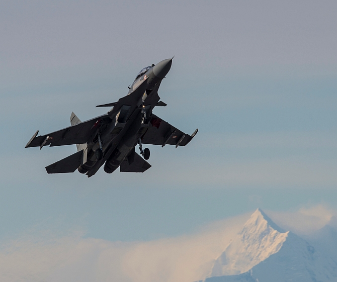 An IAF Su-30MKI fighter aircraft assigned to the 15 Squadron, Sirsa Air Base in Haryana, takes off from the Eielson Air Force Base, Alaska, May 4, 2016, during RED FLAG-Alaska 16-1. Photograph: Staff Sergeant Joshua Turner/US Air Force