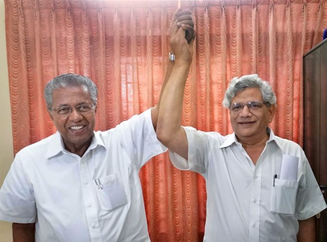 Kerala Chief Minister Pinarayi Vijayan, left, with Communist Party of India General Secretary Sitaram Yechury