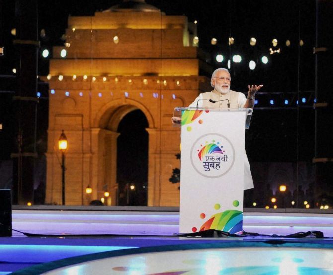 Prime Minister Narendra Modi addresses the Ek Nayi Subah event on the completion of two years of his government at India Gate in New Delhi, May 28, 2016. Photograph: PTI/PIB