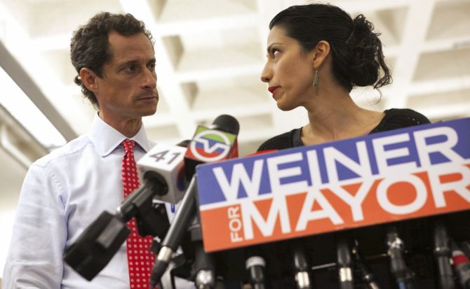 Anthony Weiner, then a New York mayoral candidate, and his wife Huma Abedin at a news conference in New York, July 23, 2013. Photograph: Eric Thayer/Reuters