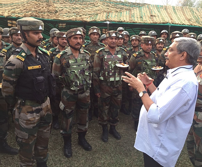 Defence Minister Manohar Parikkar interacts with soldiers at the Uri Brigade camp, which was attacked by terrorists, September 18, 2016 Photograph: Umar Ganie