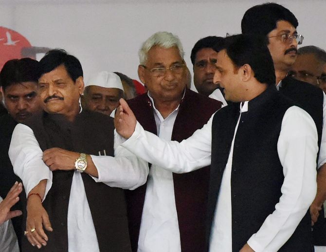 Akhilesh Yadav and his uncle Shivpal Yadav have been engaged in a relentless battle for political supremacy. Photograph: Nand Kumar/PTI Photo