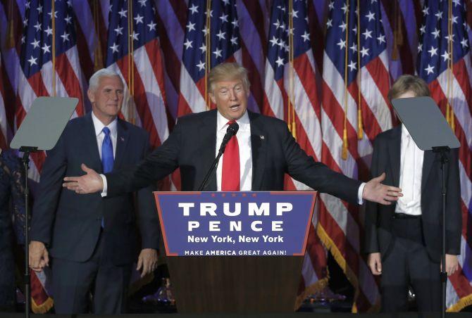 Trump speaks at his victory rally in New York. Photograph: Mike Segar/Reuters