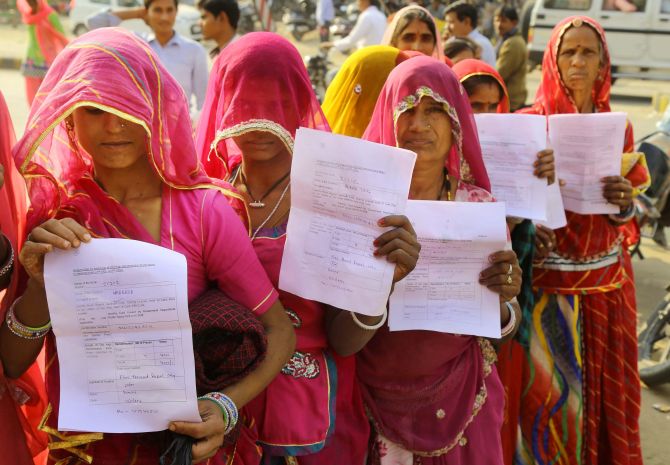RAJASTHAN: Women queue up outside a bank to exchange their old notes in Beawar. Photograph: PTI Photo
