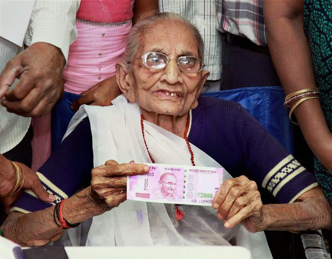Hiraba Modi, the prime minister's mother, after she exchanged Rs 500 and Rs 1,000 at a Gandhinagar bank.