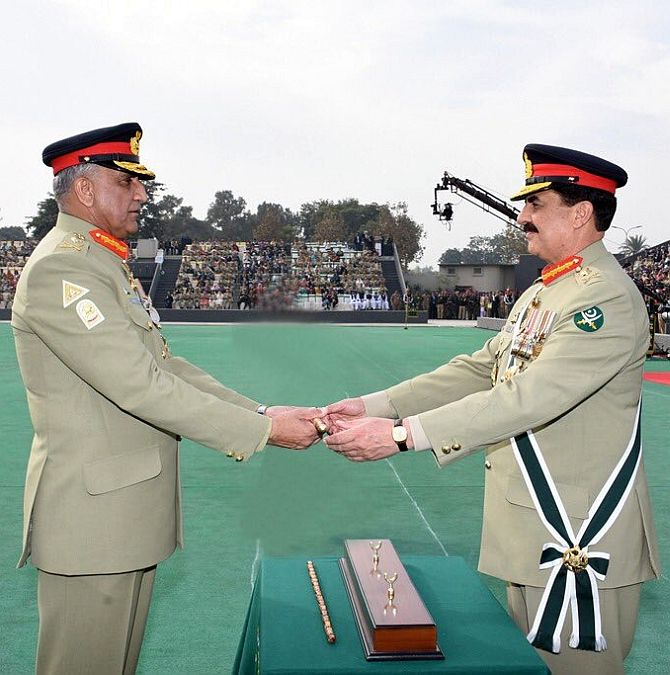 Pakistan army chief General Qamar Javed Bajwa, left, with his predecessor General Raheel Sharif. Photograph: Inter Services Public Relations/Pakistan