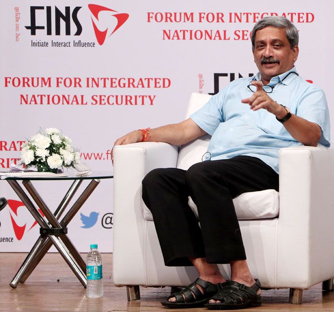 Defence Minister Manohar Parrikar at a seminar Strengthening India's Defence Capabilities, organised by the Forum for Integrated National Security, in Mumbai, October 12, 2016. Photograph: Hitesh Harisinghani/Rediff.com
