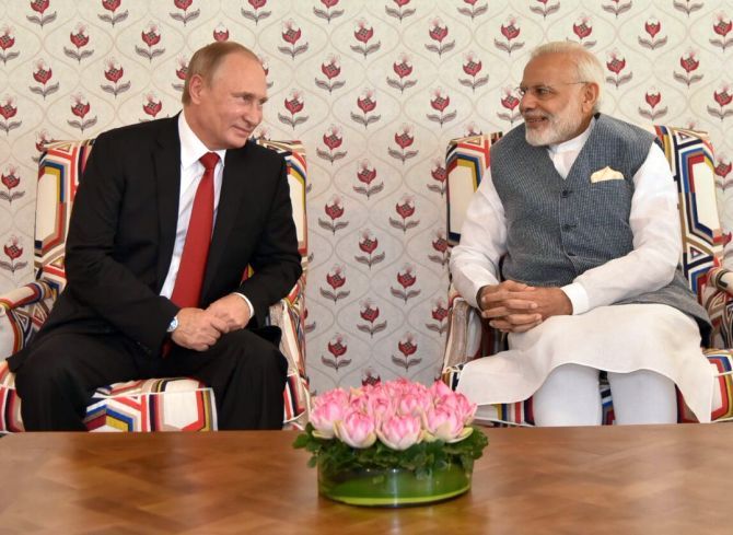 Prime Minister Narendra Modi with Russian President Vladmir Putin at the BRICS summit in Goa, October 15, 2016. Photograph: @MEAIndia/Twitter