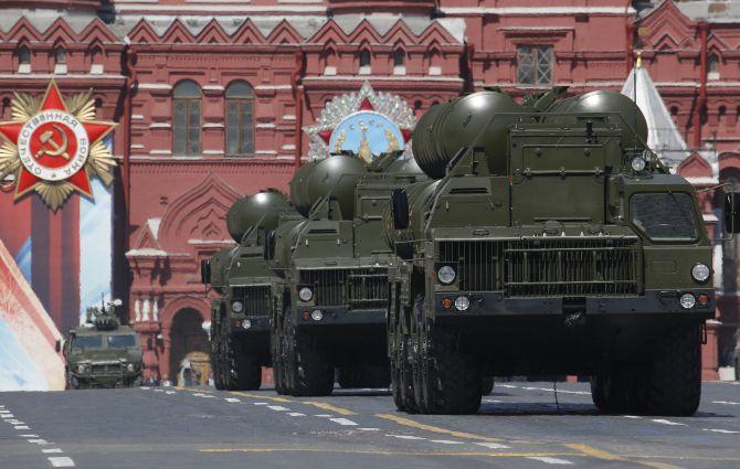 Russian S-400 Triumph medium-range and long-range surface-to-air missile systems during the Victory Day parade, marking the 71st anniversary of the victory over Nazi Germany in World War II, at Red Square in Moscow. Photograph: Sergei Karpukhin/Reuters