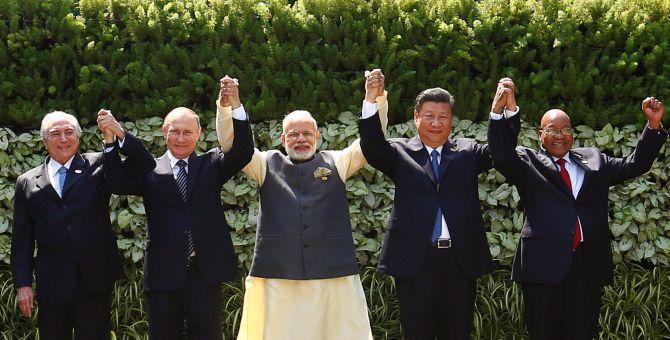 Brazil's President Michel Temer, Russian President Vladimir Putin, Indian Prime Minister Narendra Modi, Chinese President Xi Jinping and South African President Jacob Zuma at the BRICS summit in Goa. Photograph: Danish Siddiqui/Reuters