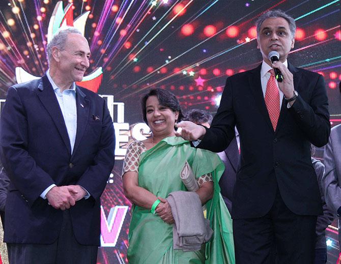 Something Ambassador Syed Akbaruddin, who most Indians will recognise from his tenure as the ministry of external affairs spokesperson, said gives Senator Chuck Schumer and Ambassador Riva Das Ganguly, India's consul general in New York cause to grin. Diwali@New York