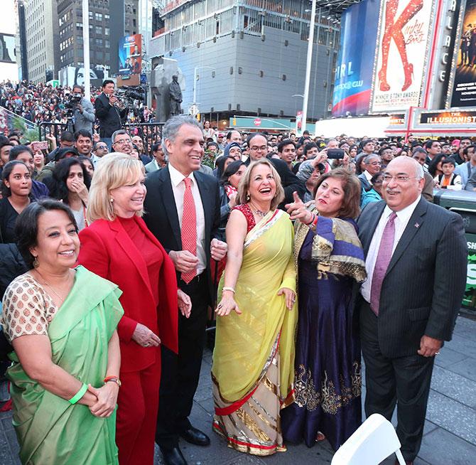 Ambassador Hardeep Singh Puri, India's former permanent representative to the United Nations, Ambassador Riva Das Ganguly, India's consul general in New York, US Congresswoman Carolyn B Maloney, Ambassador Syed Akbaruddin, India's current permanent envoy to the UN, Ranju Batra, the lady behind the successful Diwali Stamp campaign, Neeta Bhasin, CEO, Event Guru and lawyer Ravi Batra at Diwali@Times Square, October 16, 2016.