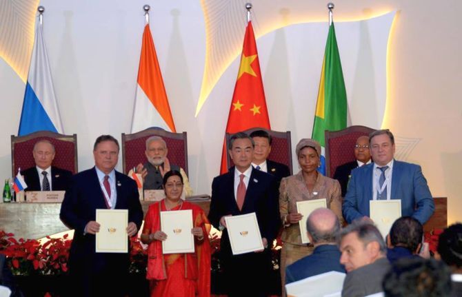 Foreign Ministers of BRICS countries show the joint agreements signed with each other at the BRICS Summit in Goa. Photograph: BRICS/Facebook