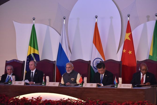 IMAGE: Prime Minister Narendra Modi addresses the BRICS Leaders’ meeting with the BRICS Business Council at the BRICS Summit-2016 in Goa. Photograph: PIB