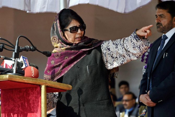 Then Jammu and Kashmir chief minister Mehbooba Mufti addresses the Police Commemoration Day function at the Armed Police Complex, Zewan on the outskirts of Srinagar, October 21, 2016. Photograph: S Irfan/PTI Photo