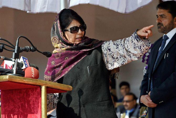 Then Jammu and Kashmir chief minister Mehbooba Mufti addresses the Police Commemoration Day function at the Armed Police Complex, Zewan on the outskirts of Srinagar, October 21, 2016. Photograph: S Irfan/PTI Photo