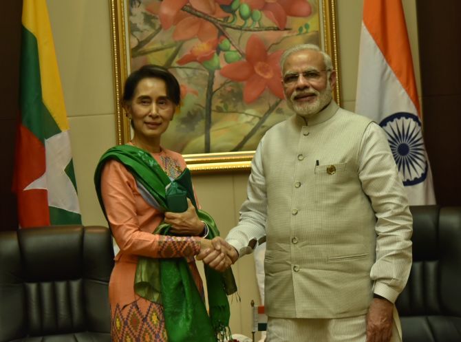 Prime Minister Narendra Modi with Myanmar State Counsellor Aung San Suu Kyi in Vientiane, Laos, on the sidelines of the 14th ASEAN-India Summit, September 2016. Photograph: MEA/Flickr