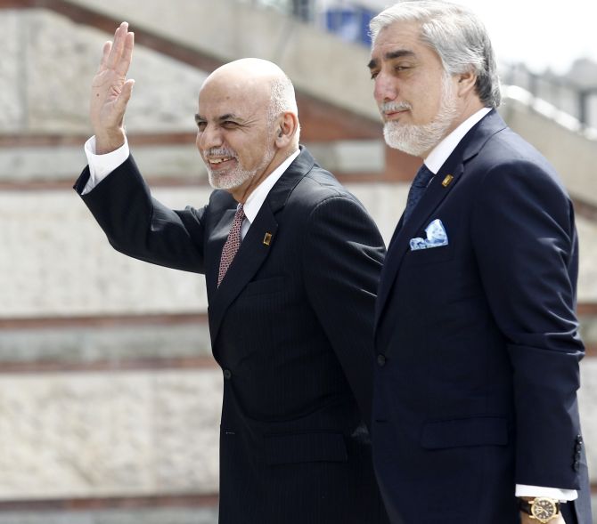 Afghanistan's President Ashraf Ghani and Afghanistan's Chief Executive and one-time Masoud associate Abdullah Abdullah. Photograph: Jerzy Dudek/Reuters