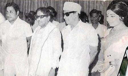 Sivaji Ganesan, M Karunanidhi, MGR and Jayalalitha in happier times.