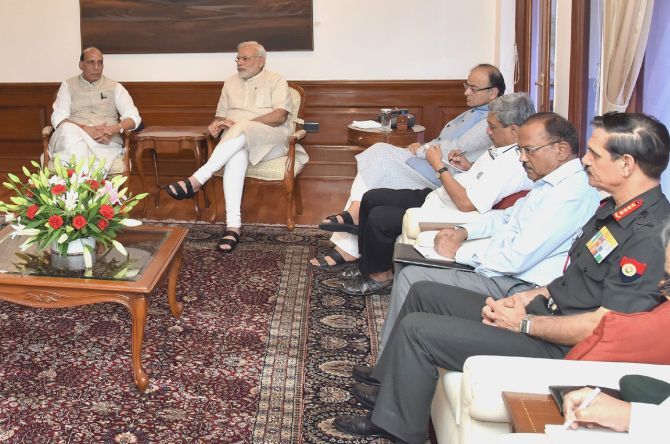 Prime Minister Narendra Modi, the home, finance and defence ministers, National Security Advisor Ajit Doval and army chief General Dalbir Singh meet to discuss the Uri attack, September 19, 2016. Photograph: Press Information Bureau