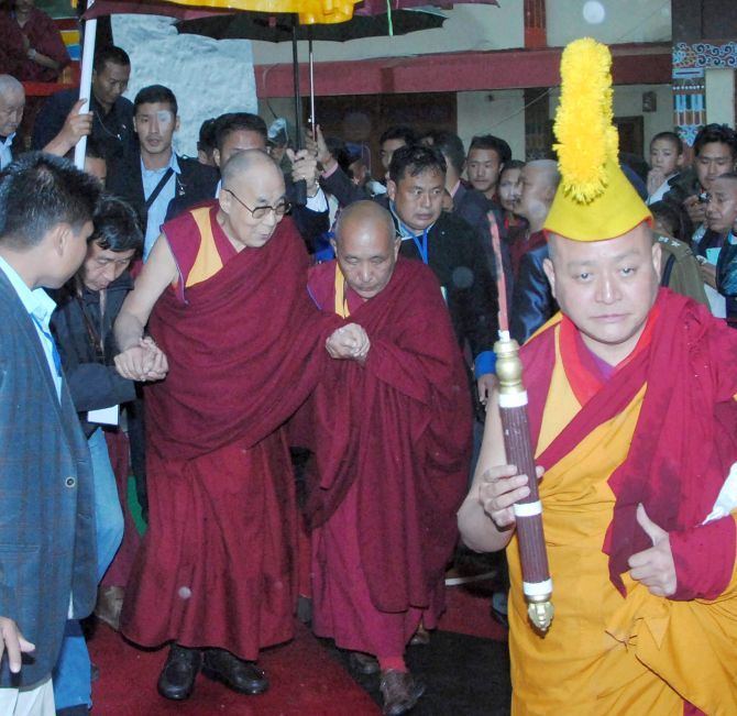 The Dalai Lama arrives at Bomdila in West Kameng district, Arunachal Pradesh, April 4, 2017. Photograph: PTI Photo